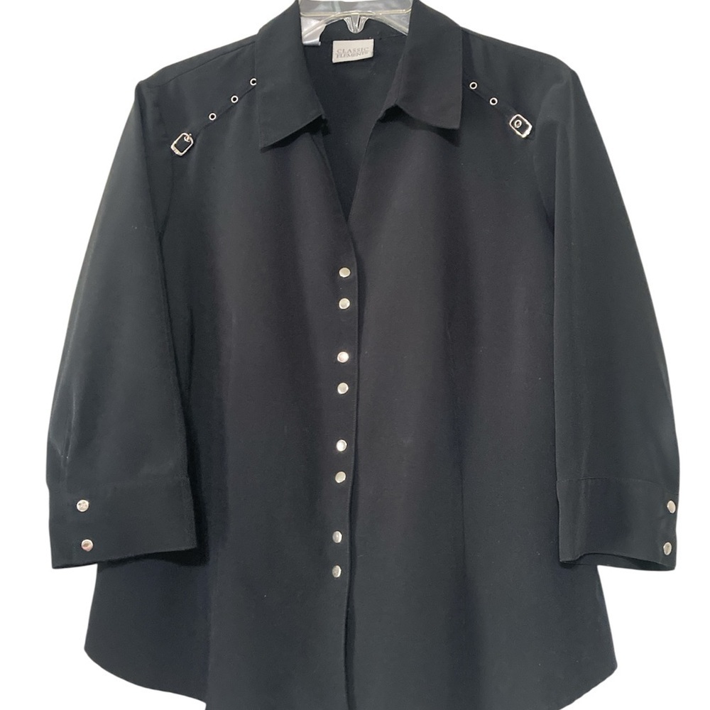 Black 3/4 Sleeve Notched Collar Button Down Shirt